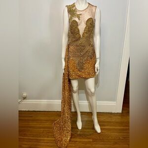 Aliexpress Embellished Gold Sequin & Beaded Mini Dress with Draped Train
